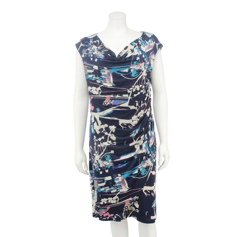 Clara Sun Woo Blue Geometric Print Matte Jersey Draped Neck Knit Dress Size M